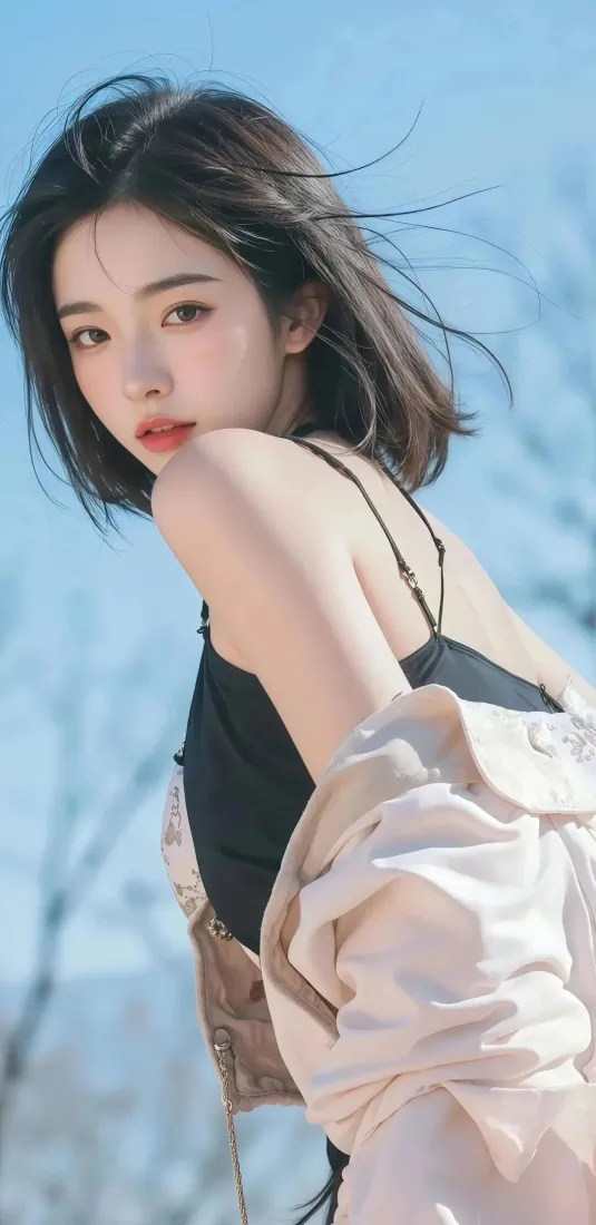 短发美女户外回眸，身着黑色吊带与浅色外套，背景为蓝天与虚化树枝。