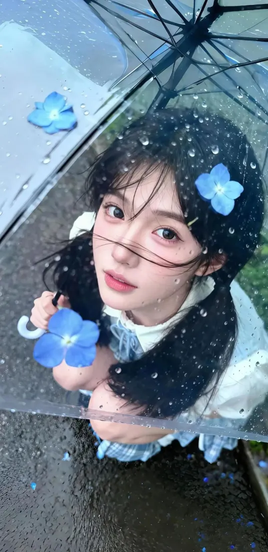雨天高角度俯拍，黑发双马尾少女撑透明伞，伞面点缀蓝色花朵，氛围清新。