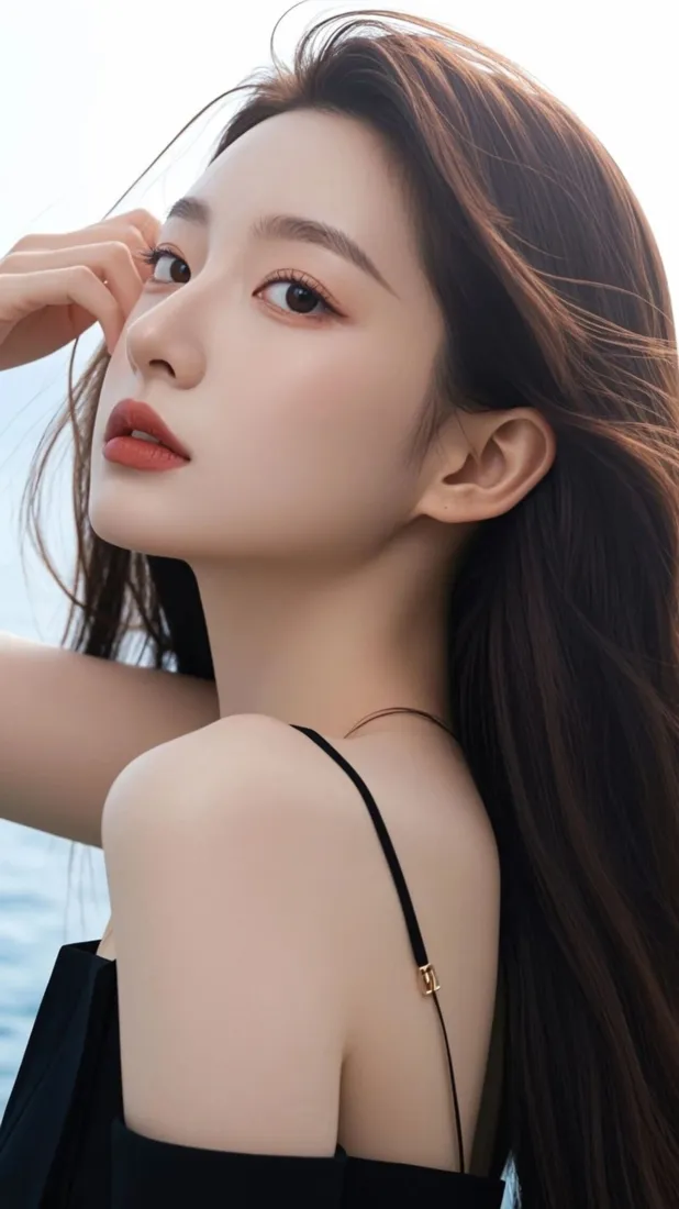 海边逆光下，长发黑衣吊带红唇美女侧身抬手，望向镜头方向。