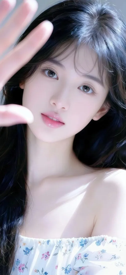 黑长直长发年轻女性，穿碎花露肩上衣，抬手靠近镜头，柔和光线氛围清新温柔。