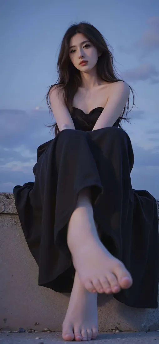 穿黑色抹胸长裙的长发女子赤脚坐在石台上，背景是淡蓝色天空