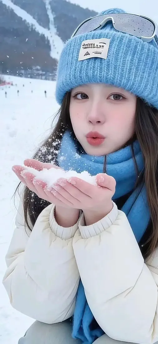 冬日滑雪场中，戴蓝色针织帽围巾的女生双手捧雪做出吹雪姿态。