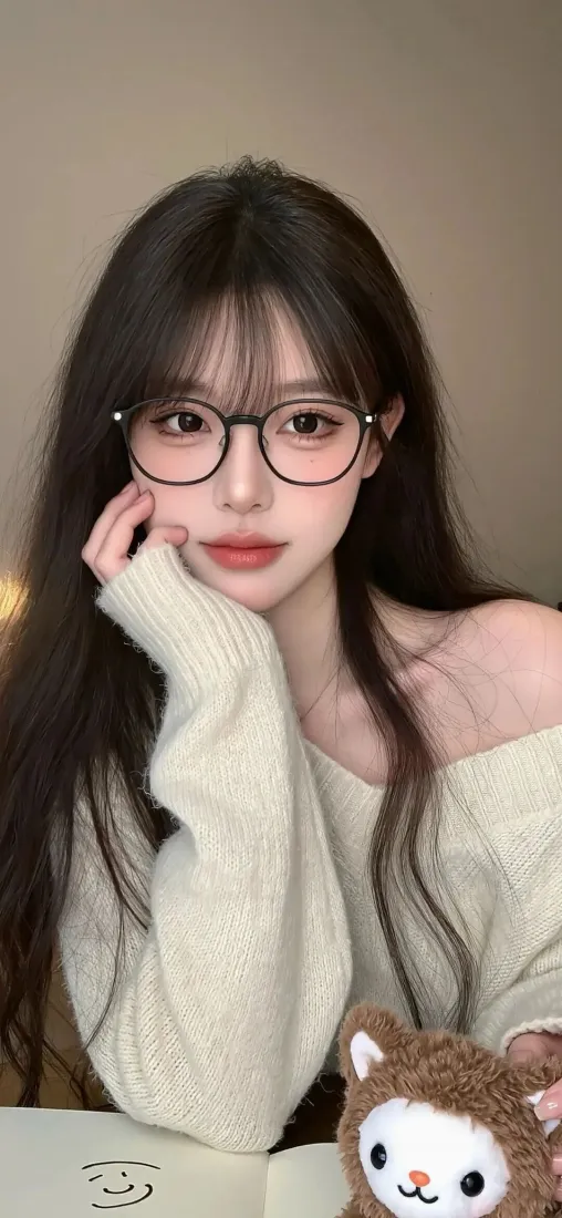 戴黑框眼镜的长发女生穿米白露肩毛衣，手托脸颊，旁有小熊玩偶