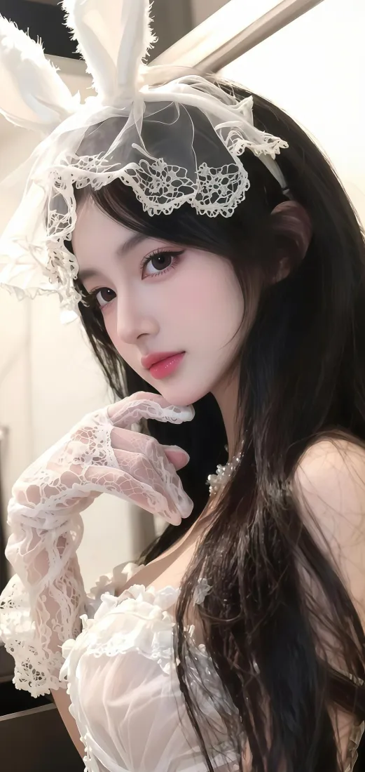 戴白色蕾丝兔耳发箍的长发女性，身着白色蕾丝服饰，佩戴同材质手套。