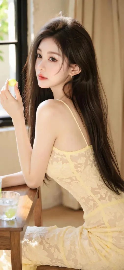 长发女子身着浅黄色蕾丝吊带裙，坐于窗边木桌旁，手持青柠饮品回望镜头。