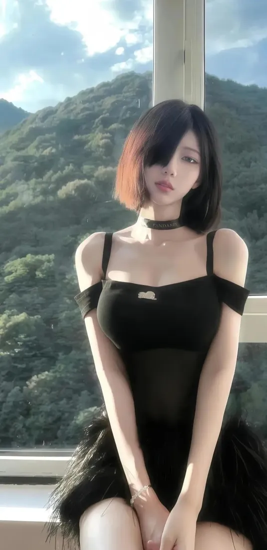 窗边短发黑衣美女，背景是绿意山峦与蓝天白云