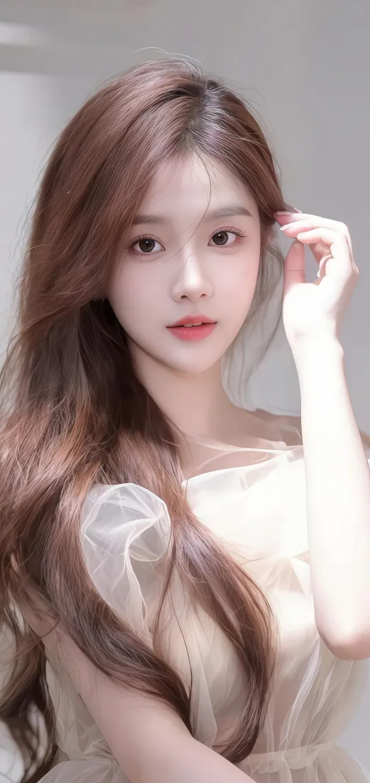 长发年轻女性身着杏色纱裙，抬手轻触发丝，浅灰室内背景，气质温柔甜美。
