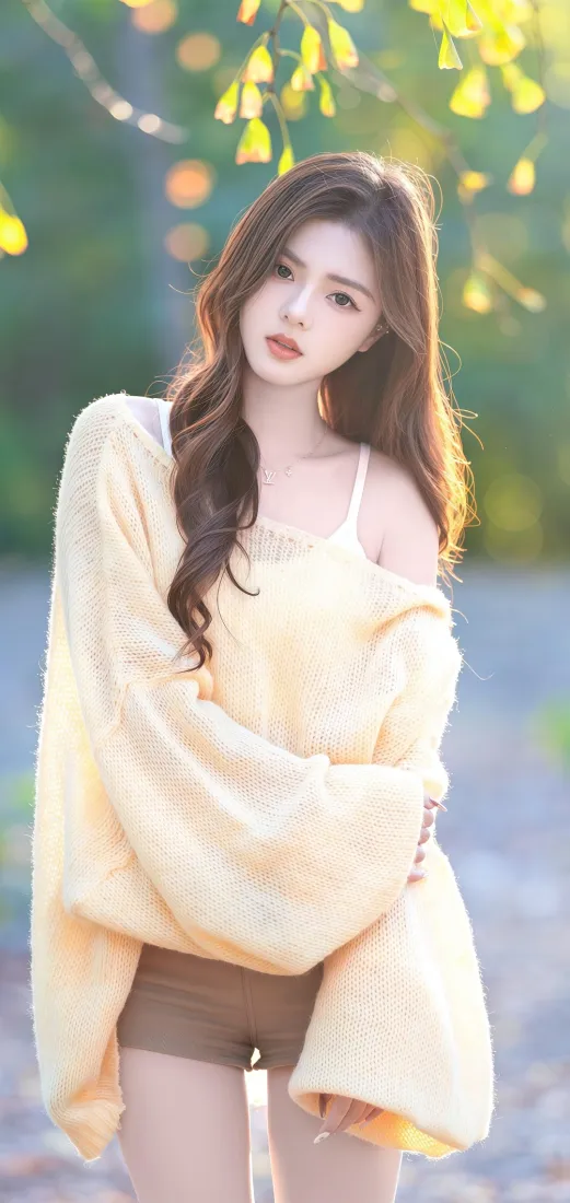户外暖光下，长发美女身着黄色露肩上衣与棕色短裤，背景虚化。