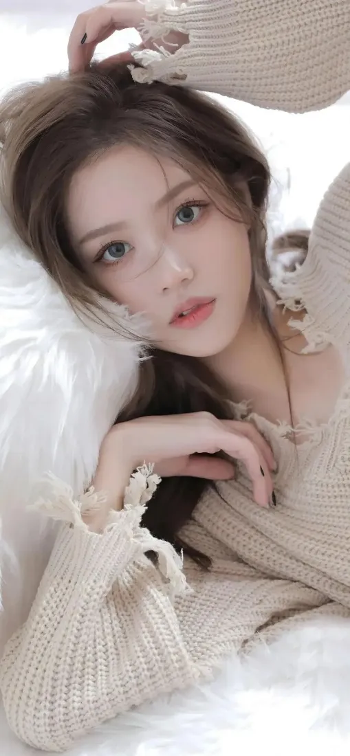 绿眼长发年轻女子身着米色破洞针织毛衣，躺于白色毛绒背景上，姿态慵懒温柔。