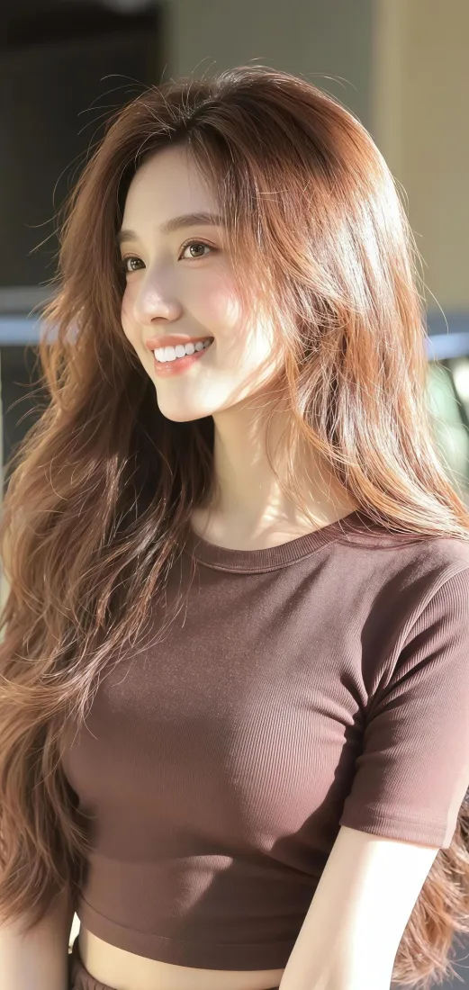 暖光下棕发长发女子穿棕色短上衣，侧身微笑看向画面左侧