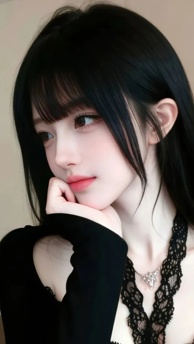 黑长发齐刘海女子手托下巴，身着黑色蕾丝挂脖上衣，佩戴镶钻项链，柔和浅棕背景。