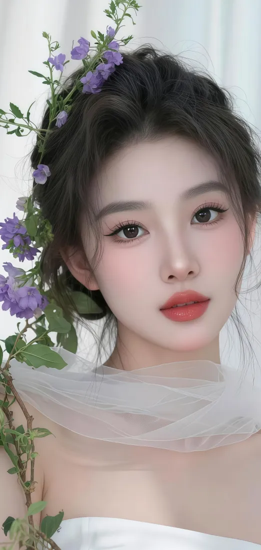 白衣年轻女性，发髻点缀紫色小花，颈间环绕白纱，背景为浅白纱帘。