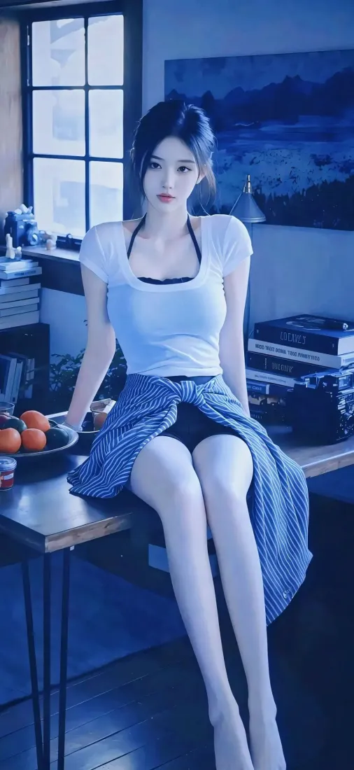 冷蓝色调室内夜景，年轻女子坐于书桌台面，穿白色短袖搭配蓝色格纹裙
