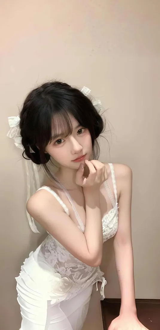 室内浅墙前，穿白色蕾丝吊带裙、发饰白纱的年轻女子半身写真。