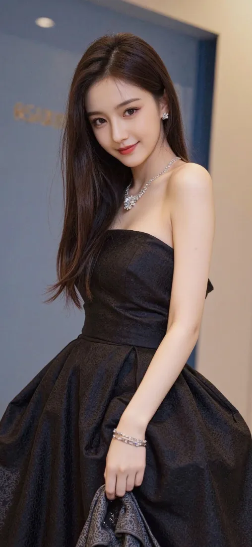 长发年轻女子身着黑色抹胸蓬裙，佩戴珠宝首饰，在室内微笑看向镜头。