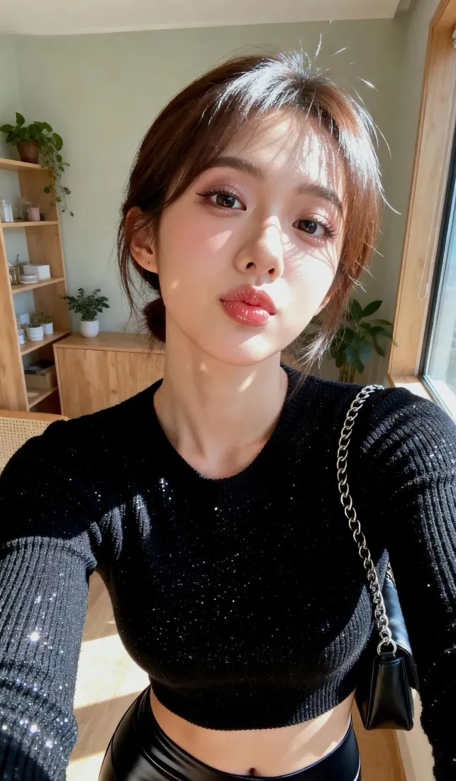 室内窗边黑衣美女自拍，背景有木质置物架与绿植，阳光洒落。