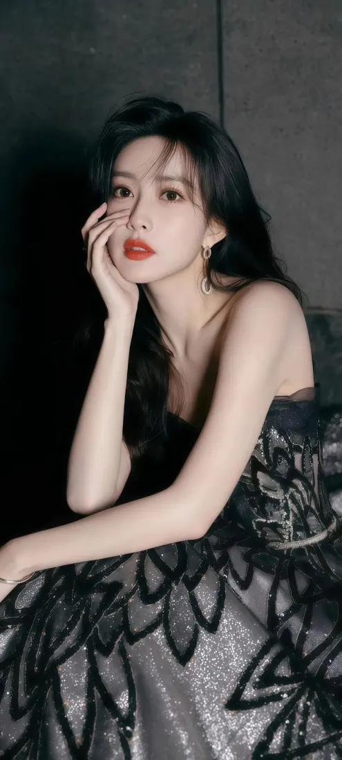 暗调背景下，身着黑银闪片礼服的长发红唇女性，手托脸颊优雅出镜。
