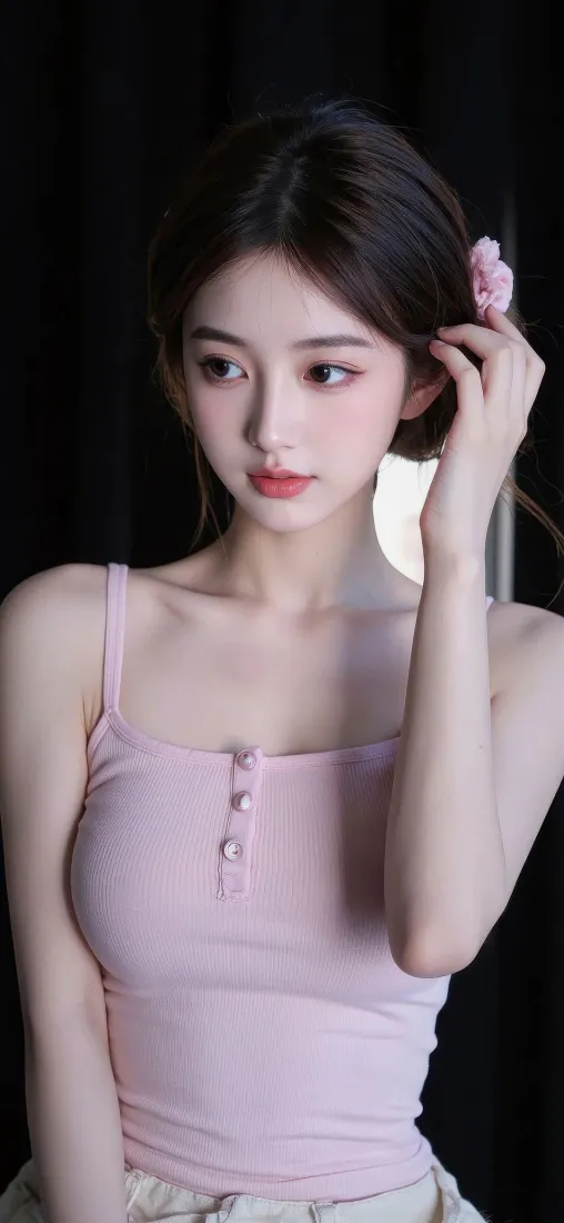 黑背景前，穿粉色吊带的年轻女子抬手轻触发间粉色花朵发饰。