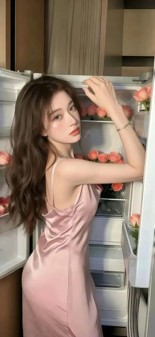 长发女子穿粉色吊带裙站在装满粉玫瑰的打开的冰箱前，居家氛围温柔优雅