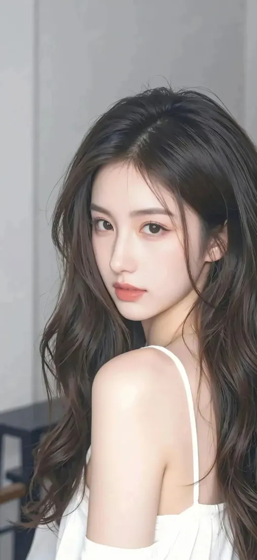 长发卷发年轻女性身着白色吊带，回眸看向镜头，浅灰室内背景