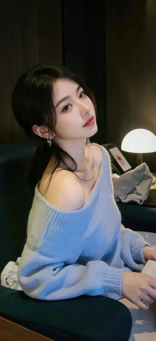 室内暗光环境下，穿浅蓝色露肩毛衣的长发年轻女子侧身坐于沙发上，神态温柔。