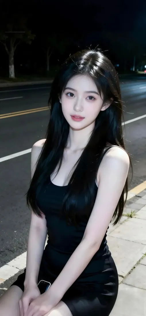 夜晚城市马路边，黑衣长发年轻女子坐姿看向镜头。
