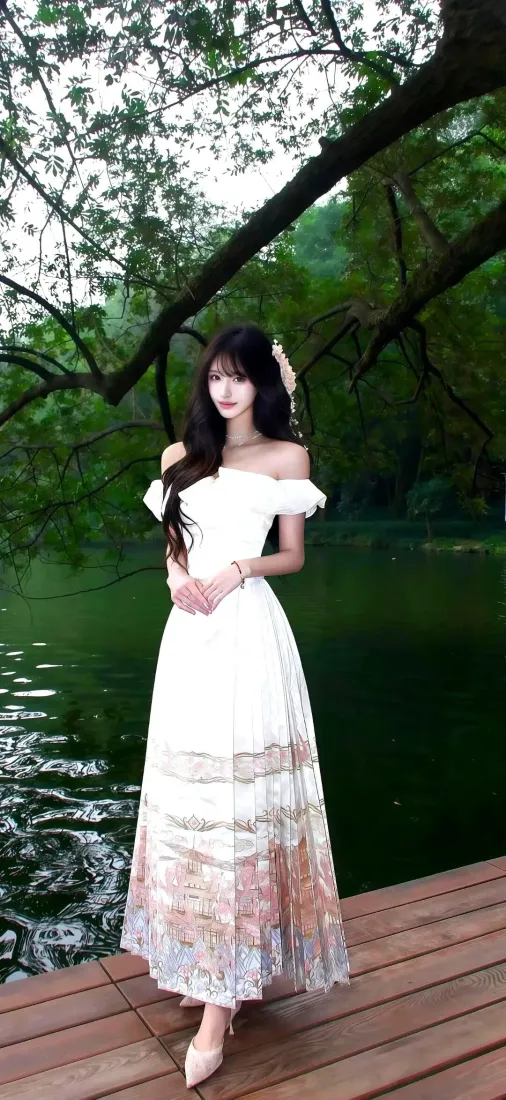 身着白裙的长发女子站在湖畔木栈道上，背景是葱郁绿树与碧绿湖水。