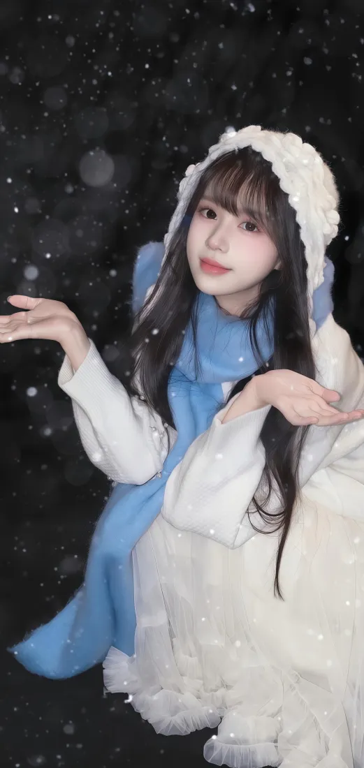 黑底飘雪背景下，戴白色毛绒帽、围蓝色围巾的长发女生抬手作接雪状。