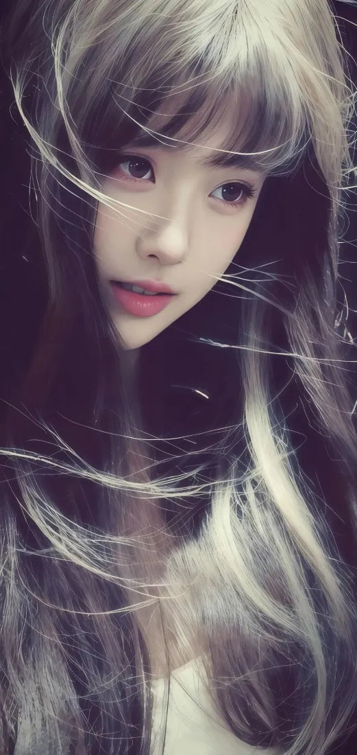 暗调背景下，浅灰渐变长发的年轻女性脸部特写，发丝轻扬，妆容精致。