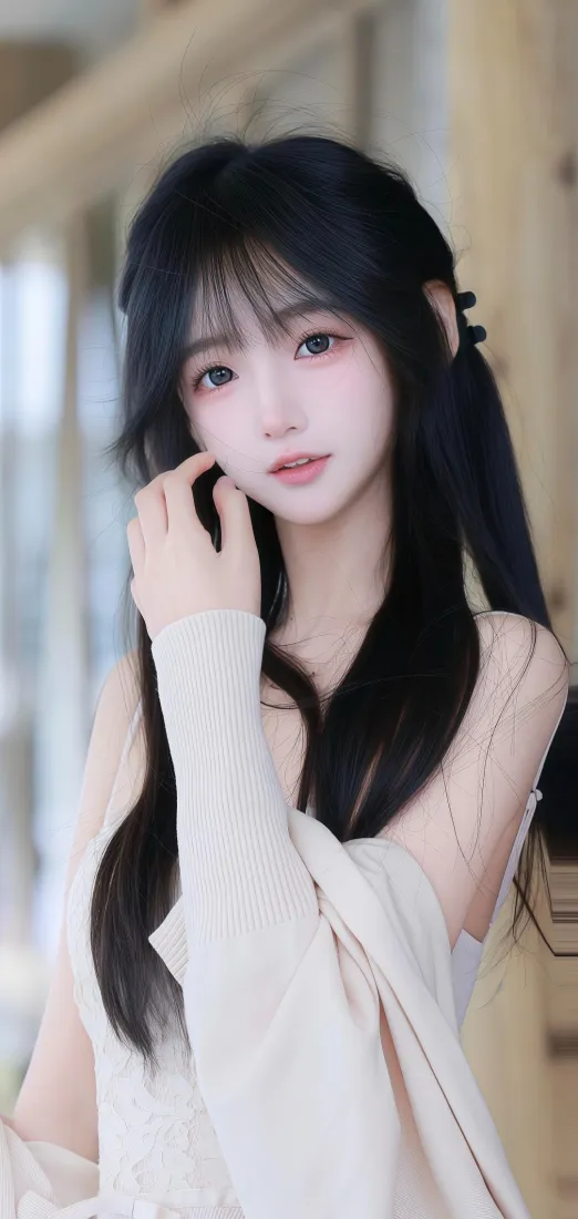 黑长直齐刘海少女穿米白针织衫，手轻触脸颊，背景虚化明亮。