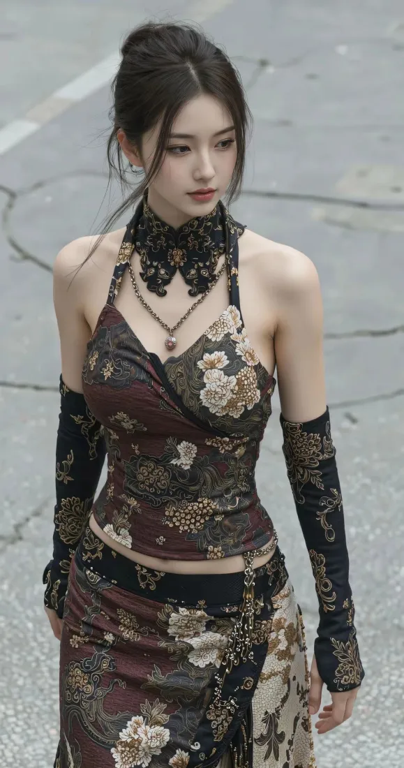 身着复古花纹挂脖套装与长款手套的年轻女子站在户外街道上