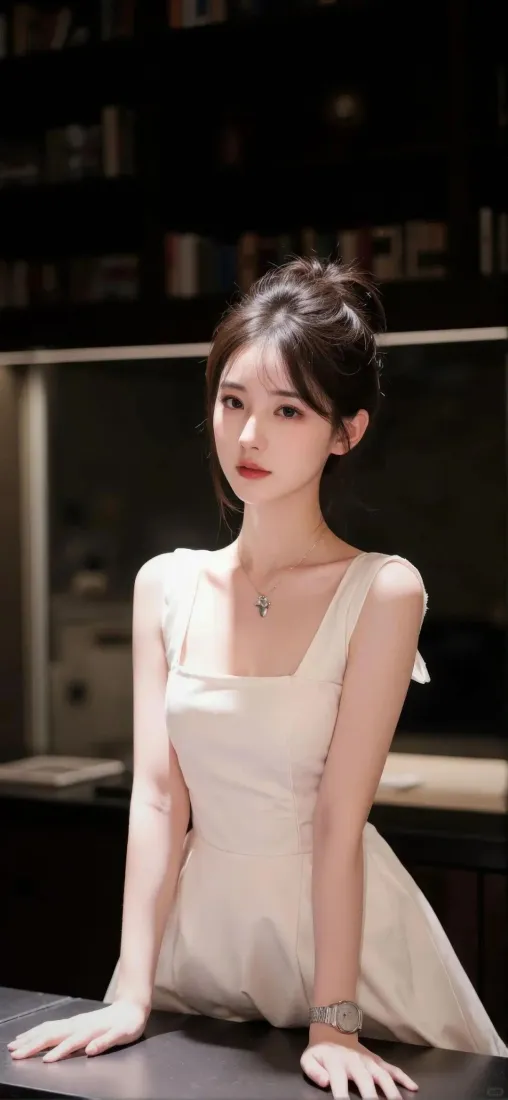盘发女子身着白色方领吊带裙，倚靠深色台面，背景为虚化的室内书架。