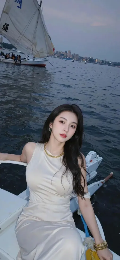 黄昏时分，身着白色长裙的长发女子坐在游艇上，背景是海面、帆船与远处城市天际线。