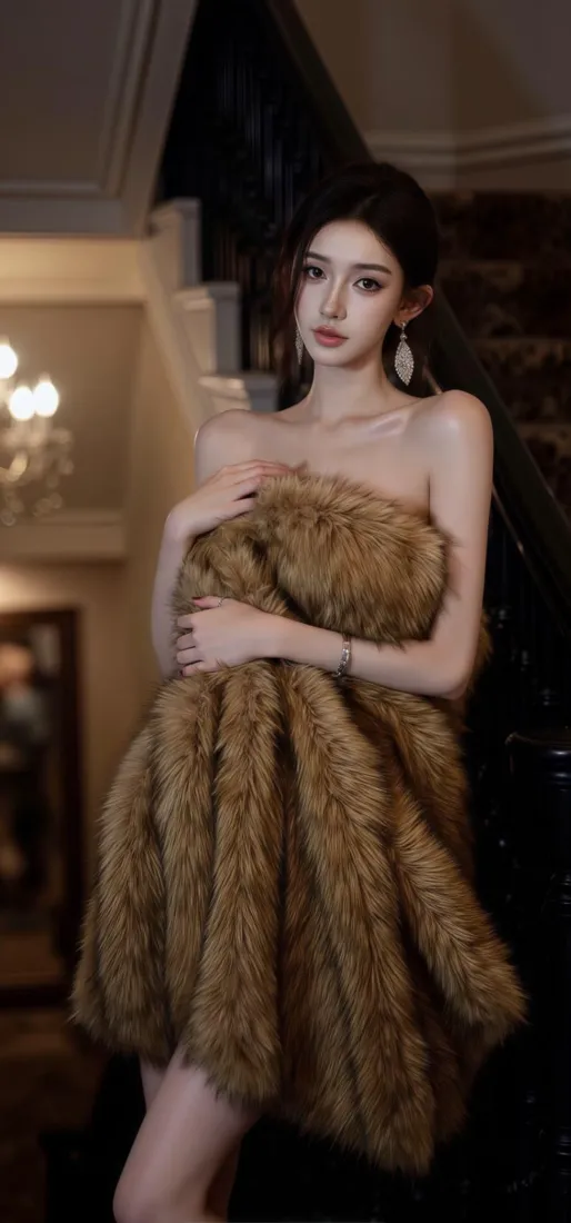 身着棕色毛绒抹胸礼服的女子站在奢华室内楼梯旁，气质优雅。