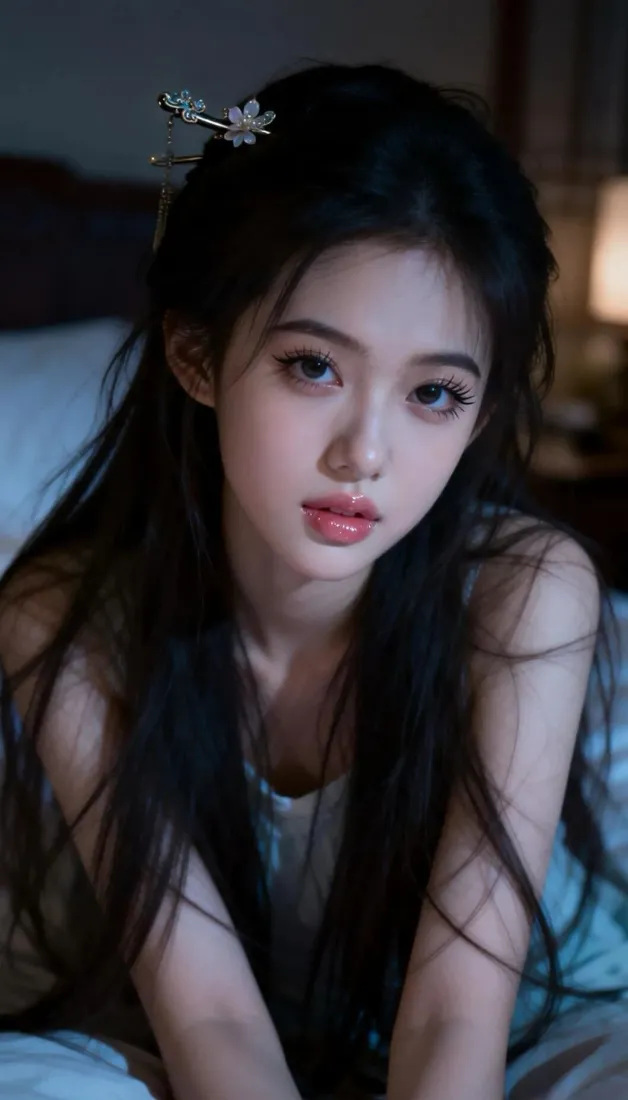夜晚卧室里，长发佩戴花形发饰的年轻女子，在暖柔灯光下看向镜头。