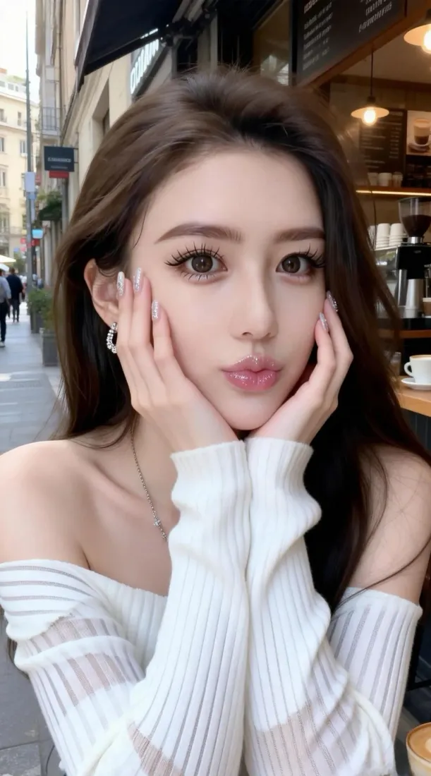 长发白衣露肩美女双手托腮，背景为咖啡馆与都市街道。