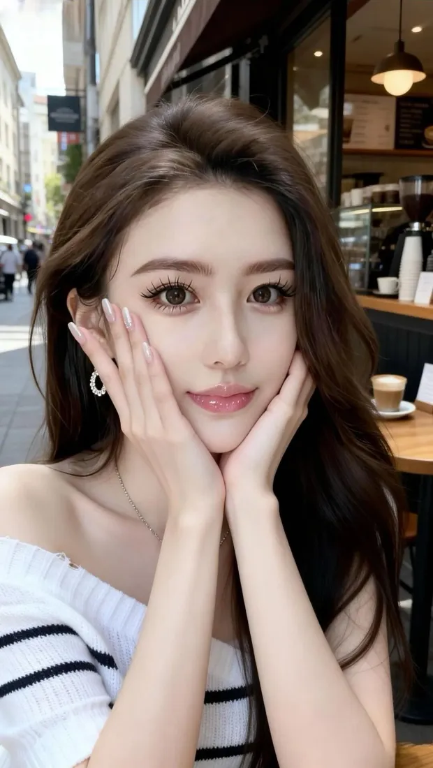 长发女子穿露肩条纹上衣，双手托腮坐在街边咖啡馆外。