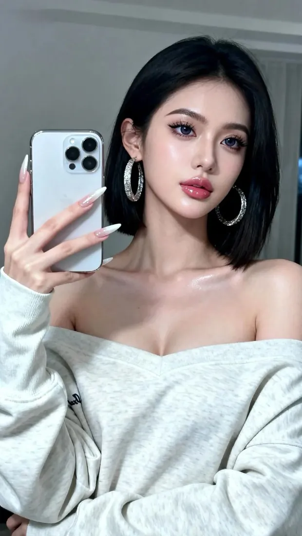 黑短发女子穿浅灰露肩上衣，持白色手机对镜自拍，佩戴镶钻大耳环。