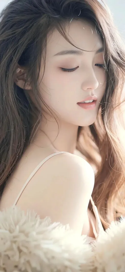 暖光下闭眼的长发年轻女性，身着细吊带搭配毛绒衣物，氛围柔美温柔。