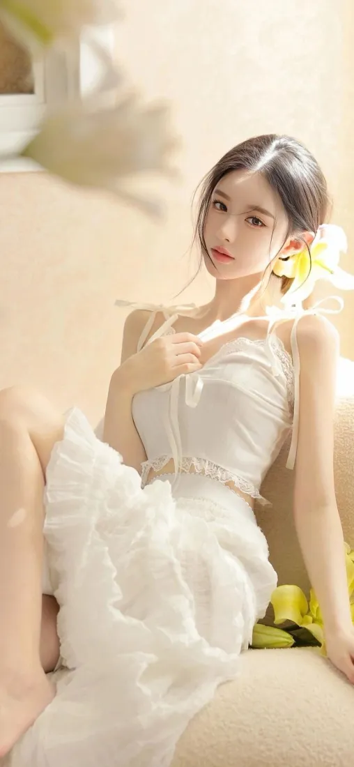 暖调室内，白衣吊带裙女子坐于沙发，身旁点缀黄色花束，氛围温柔甜美。