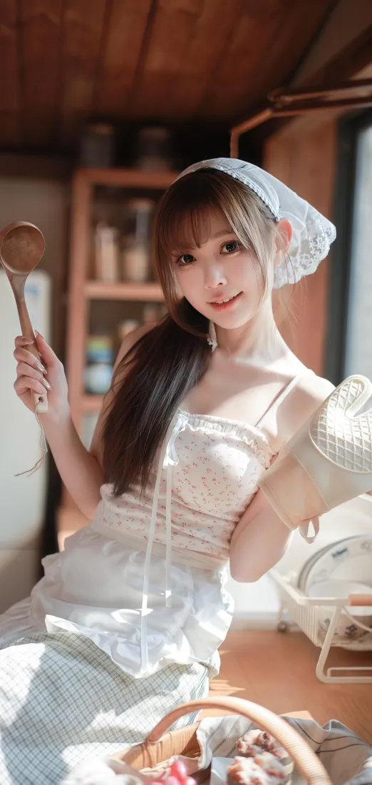 长发白衣戴蕾丝头饰的年轻女子在木质厨房内手持木勺微笑