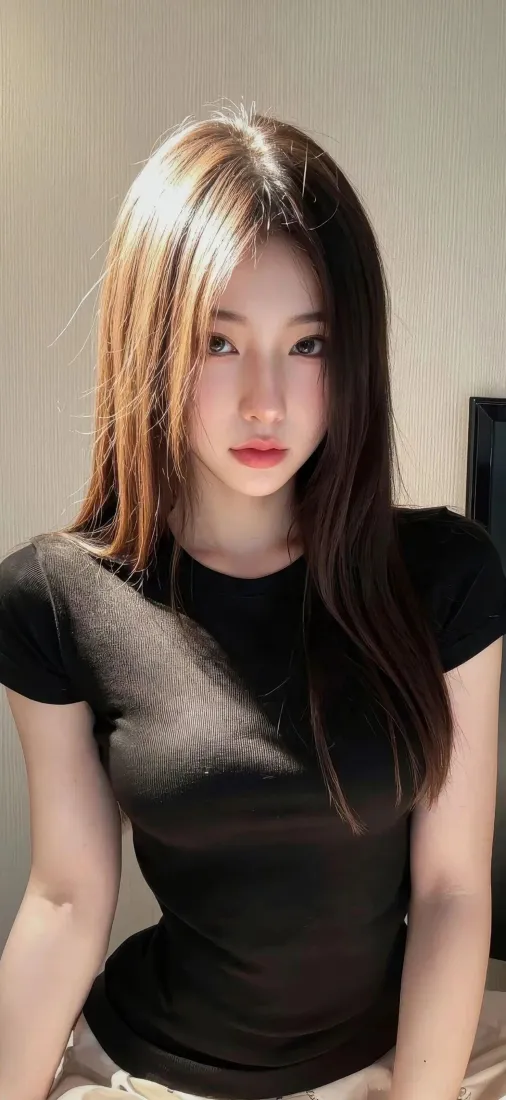 室内暖光下，长发黑衣年轻女性半身近景，背景为浅色墙面。
