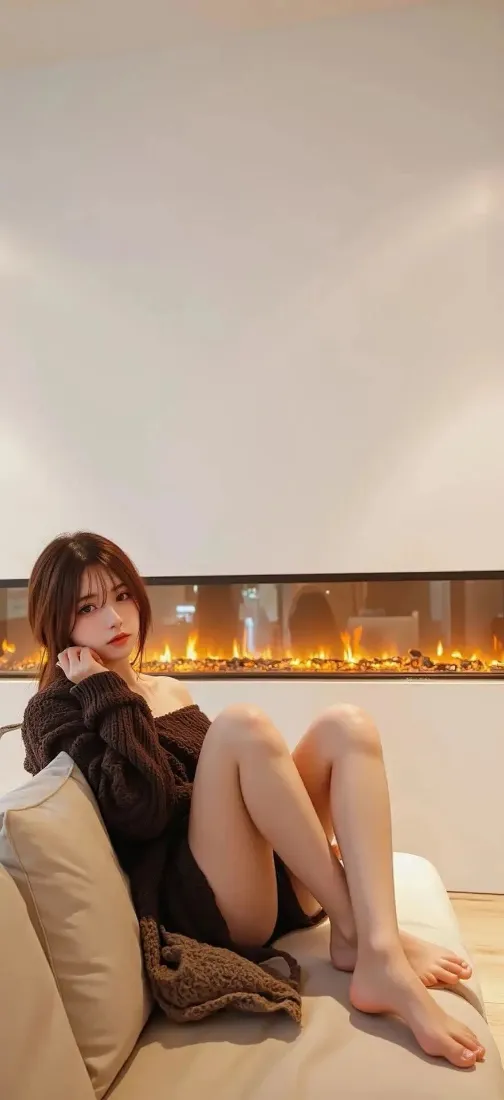 黑衣赤脚年轻女子坐米色沙发上，身后是燃着暖火的嵌入式壁炉。