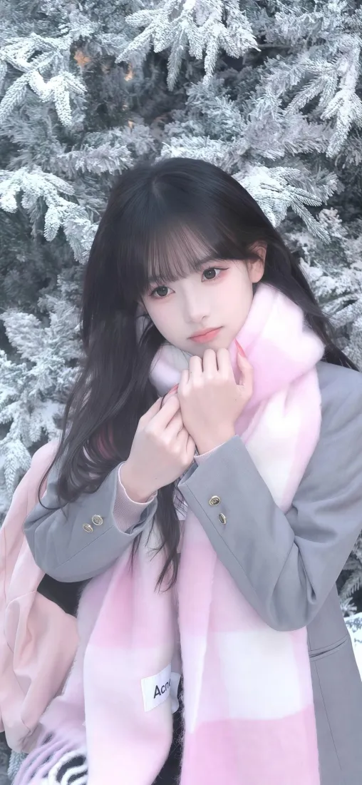 冬日雪景前，长发少女戴粉白渐变围巾、穿灰色外套，双手轻握围巾。