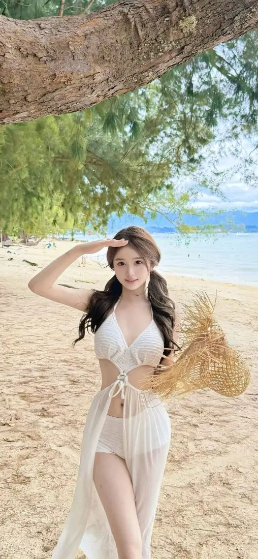 白衣纱裙女子站在沙滩上，手持草帽抬手遮阳，背景是碧海绿树。