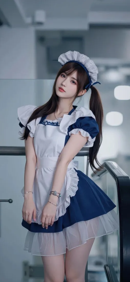 双马尾少女身着蓝白女仆装，站在室内玻璃扶手楼梯旁。