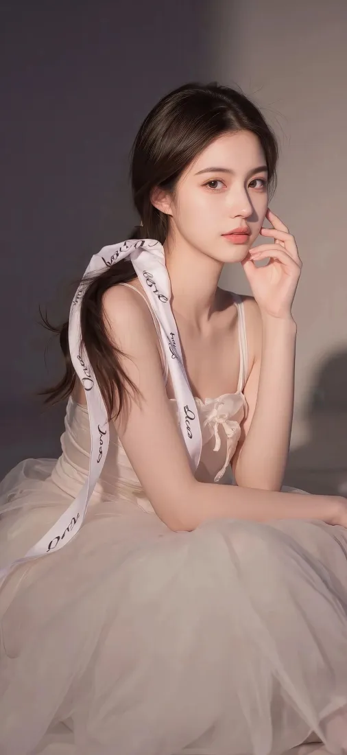 暗调室内，穿浅粉白纱裙的年轻女子手托脸颊，肩侧垂着印字白丝带，气质优雅柔和。