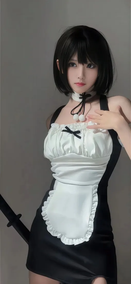 灰背景下短发女仆装女性，配黑色领结与围裙，身侧露出剑鞘