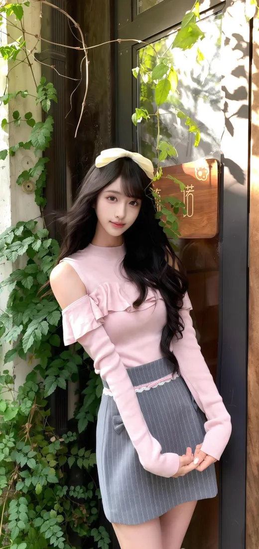 长发少女戴米白发箍，穿粉色露肩上衣与灰色短裙，立于爬满绿植的门前。