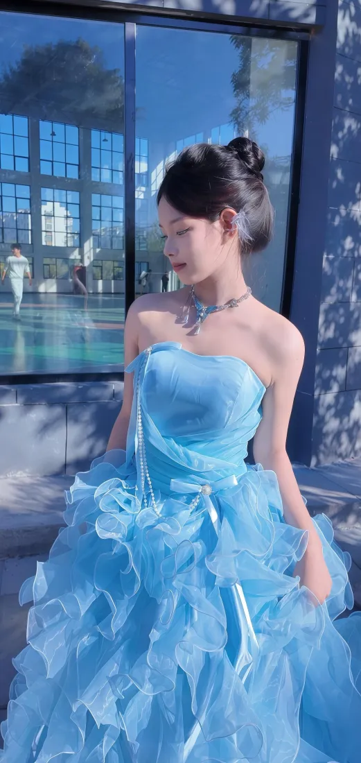 盘发年轻女子身着蓝色抹胸纱质礼服，佩戴项链，立于玻璃幕墙建筑旁。